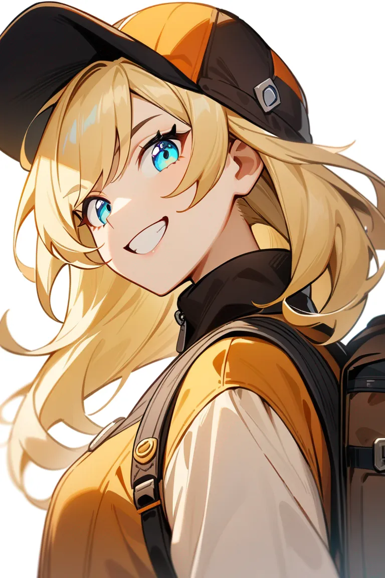 Appearance: 1girl, blonde hair, turquoise eyes, adventurous grin, Genshin Impact style travel attire, backpack, explorer's attitude, single character, upper body, looking at viewer, anime style, simple background, white background