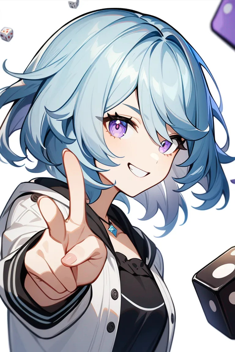 Appearance: 1girl, blue hair, lavender eyes, mischievous grin, Genshin Impact style casual outfit, dice, playful pose, single character, upper body, looking at viewer, anime style, simple background, white background