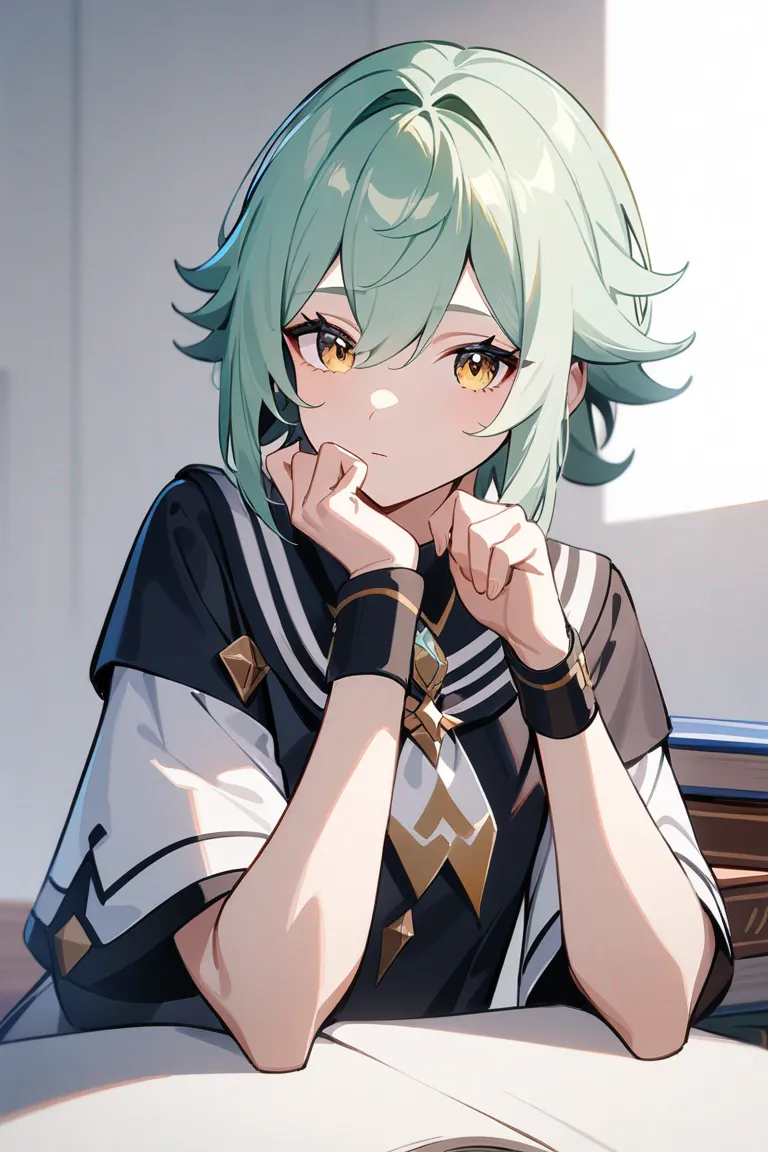 Appearance: 1boy, light green hair, golden eyes, thoughtful look, Genshin Impact style scholar outfit, book, intellectual vibe, single character, upper body, looking at viewer, anime style, simple background, white background