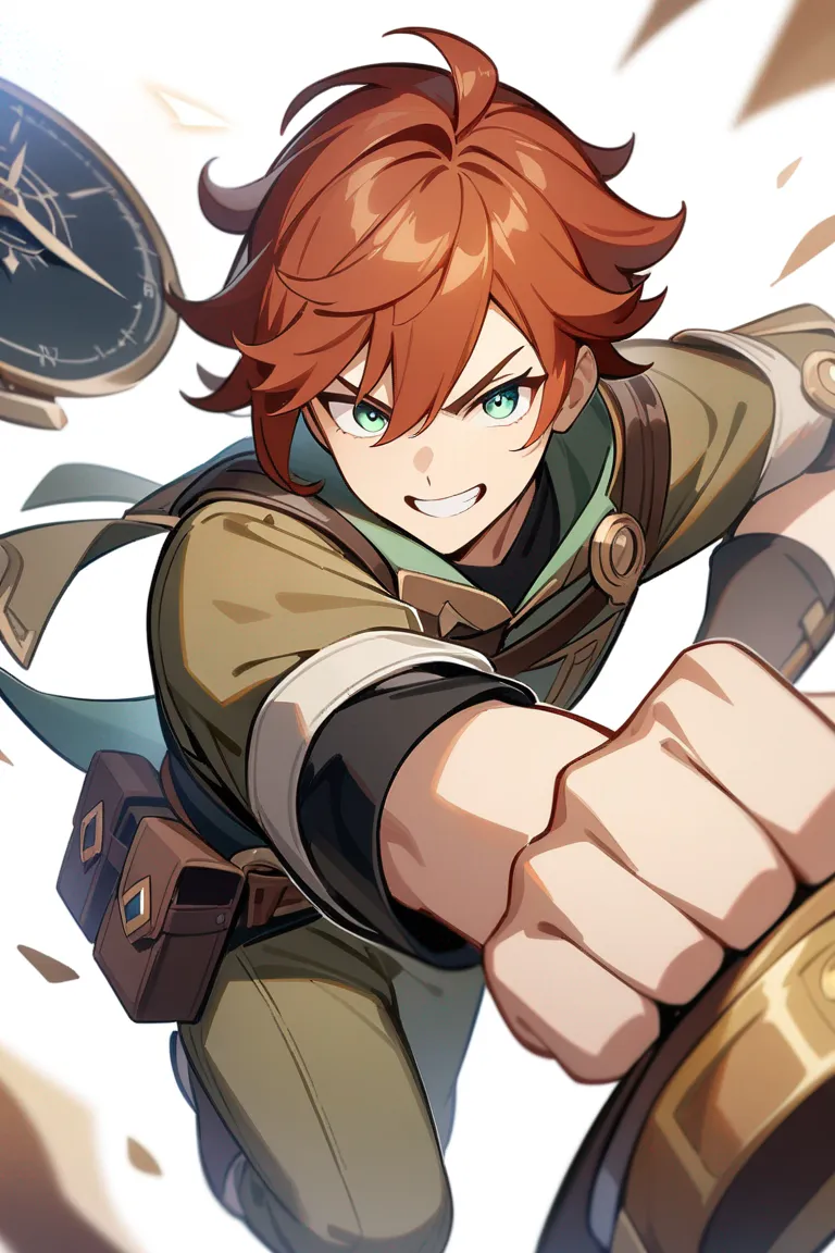 Appearance: 1boy, auburn hair, emerald eyes, adventurous grin, Genshin Impact explorer outfit, compass, enthusiastic stance, single character, upper body, looking at viewer, anime style, simple background, white background