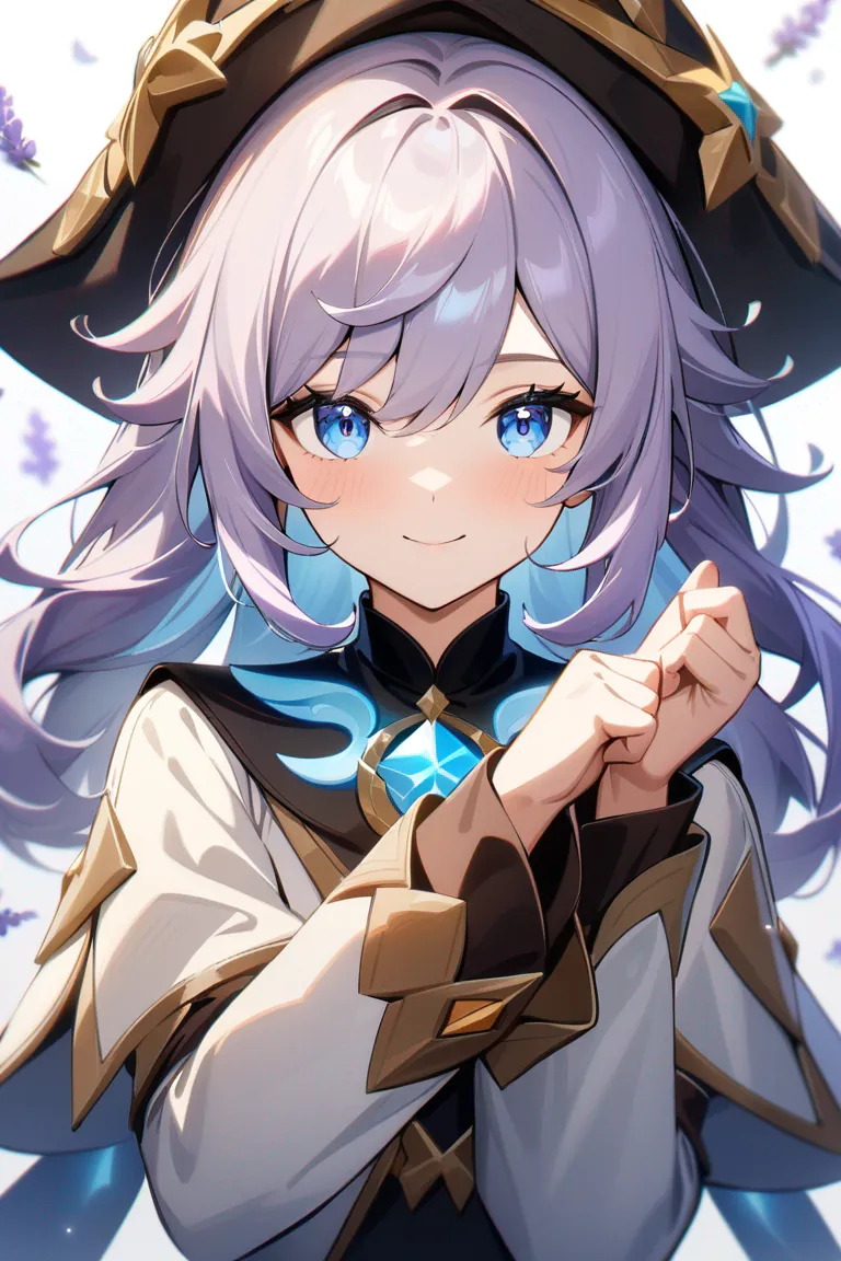 Appearance: 1girl, lavender hair, blue eyes, gentle smile, Genshin Impact style mage outfit, elemental magic, peaceful pose, single character, upper body, looking at viewer, anime style, simple background, white background