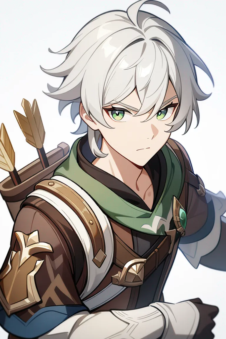 Appearance: 1boy, silver hair, green eyes, calm expression, Genshin Impact adventurer clothing, bow and quiver, poised stance, single character, upper body, looking at viewer, anime style, simple background, white background