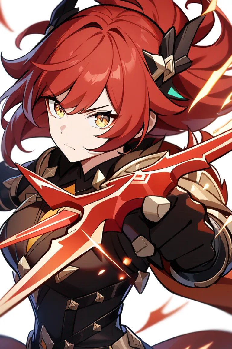 Appearance: 1girl, fiery red hair, yellow eyes, fierce glare, Genshin Impact warrior outfit, dual daggers, aggressive pose, single character, upper body, looking at viewer, anime style, simple background, white background