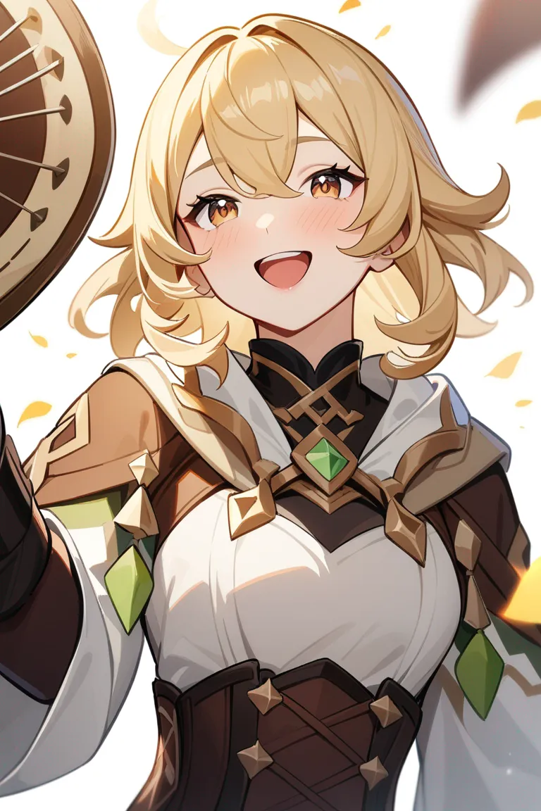 Appearance: 1girl, blonde hair, hazel eyes, playful wink, Genshin Impact bard outfit, musical instrument, cheerful pose, single character, upper body, looking at viewer, anime style, simple background, white background