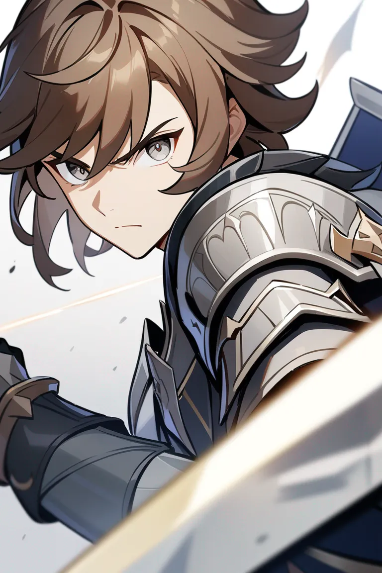 Appearance: 1boy, chestnut hair, gray eyes, determined expression, Genshin Impact knight armor, sword and shield, heroic stance, single character, upper body, looking at viewer, anime style, simple background, white background