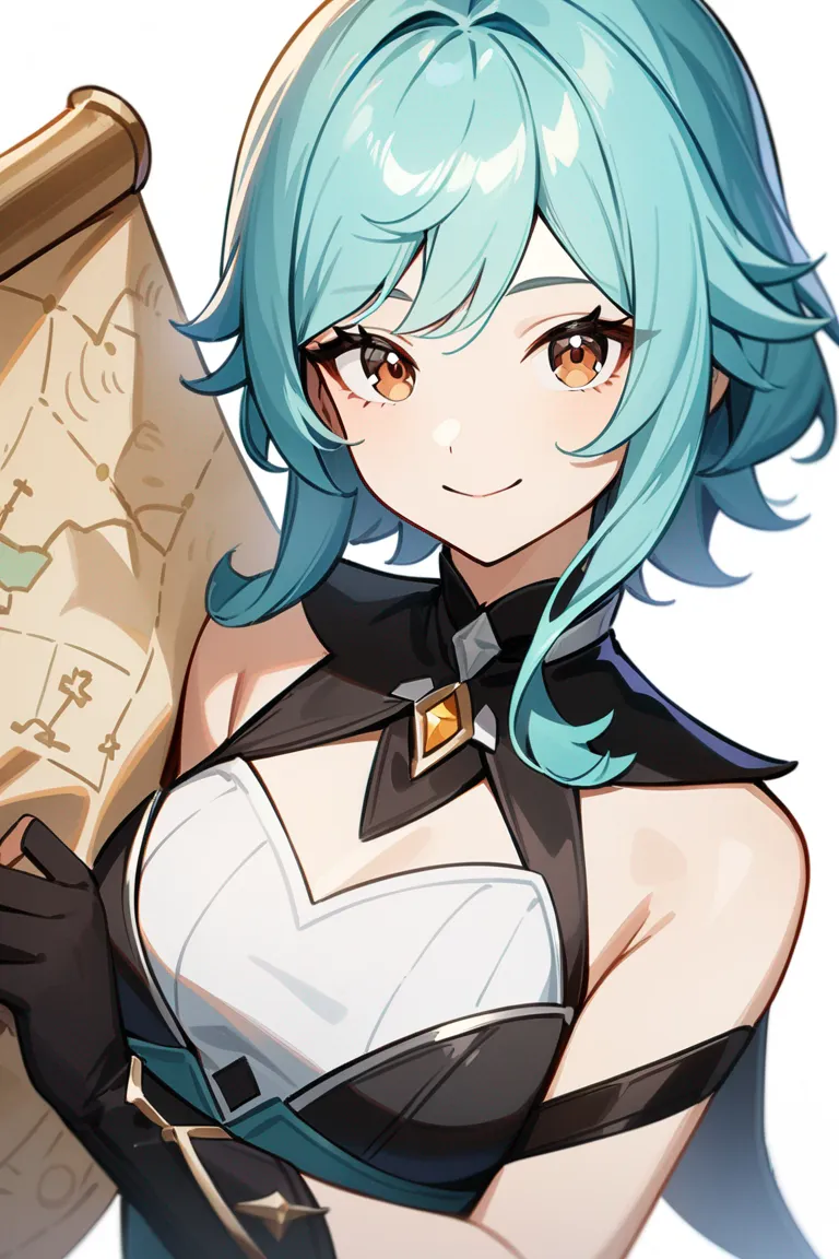 Appearance: 1girl, turquoise hair, brown eyes, mischievous smile, Genshin Impact thief outfit, treasure map, sneaky pose, single character, upper body, looking at viewer, anime style, simple background, white background