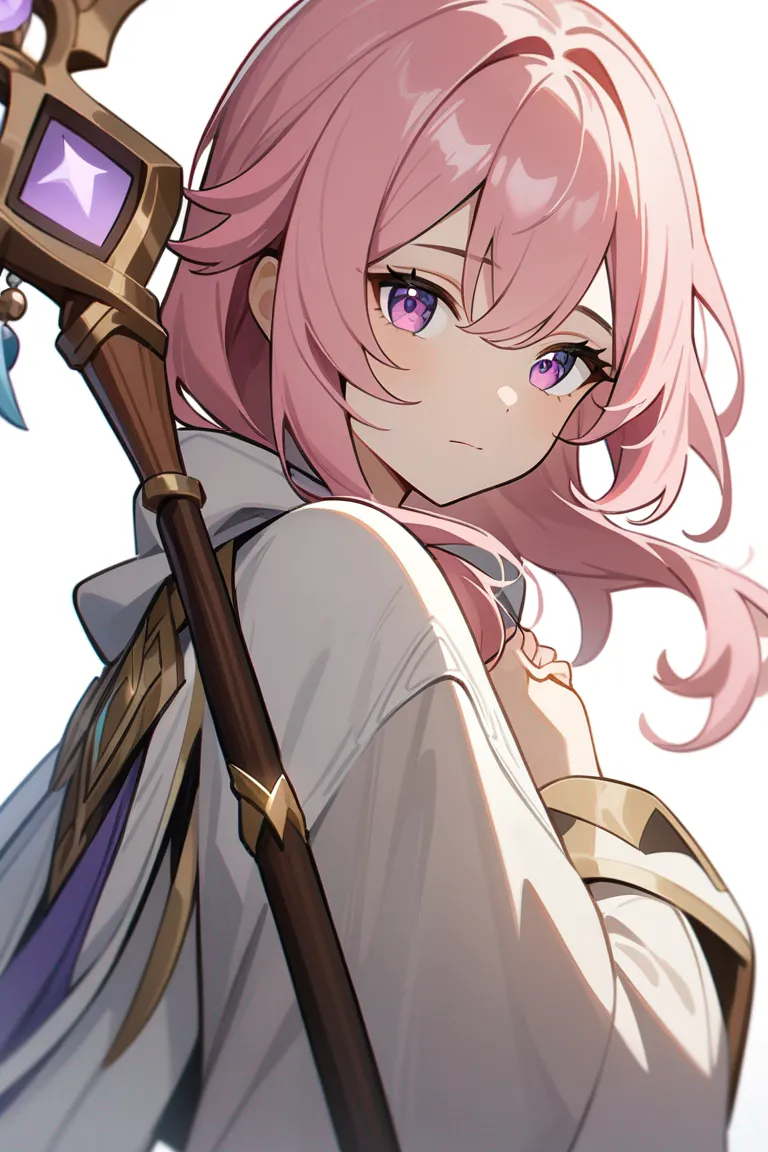 Appearance: 1girl, pink hair, violet eyes, soft expression, Genshin Impact healer robe, healing staff, gentle pose, single character, upper body, looking at viewer, anime style, simple background, white background
