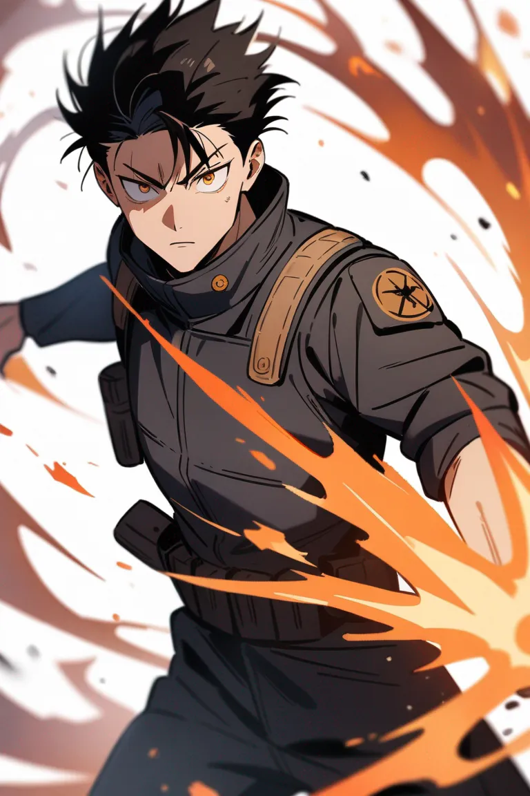 Appearance: 1boy, flat black hair, dark orange eyes, stoic expression, Jujutsu Kaisen tactical outfit, cursed energy manipulation, focused stance, single character, upper body, looking at viewer, anime style, simple background, white background