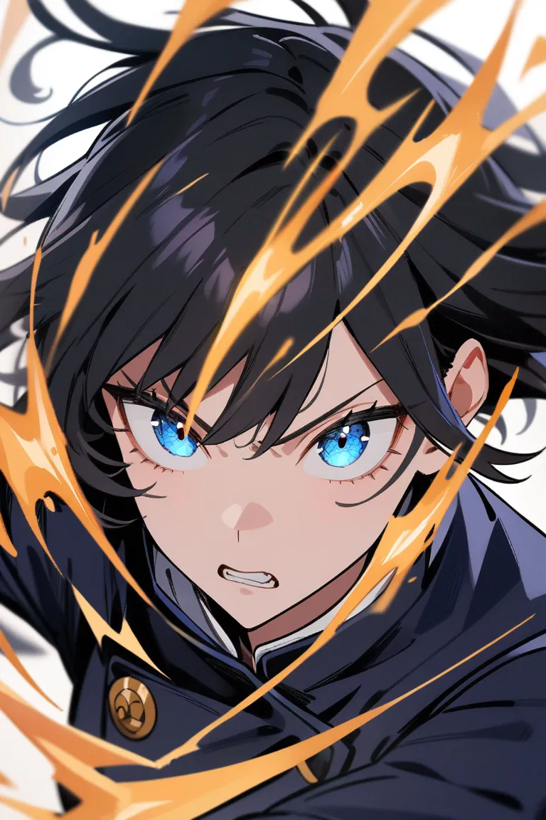 Appearance: 1girl, short black hair, blue eyes, fierce expression, Jujutsu Kaisen style uniform, cursed energy abilities, battle-ready pose, single character, upper body, looking at viewer, anime style, simple background, white background