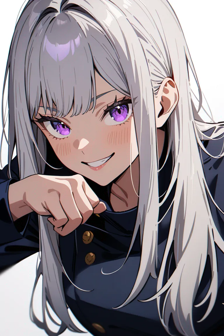 Appearance: 1girl, long silver hair, purple eyes, playful grin, Jujutsu Kaisen style school uniform, playful spirit, teasing pose, single character, upper body, looking at viewer, anime style, simple background, white background