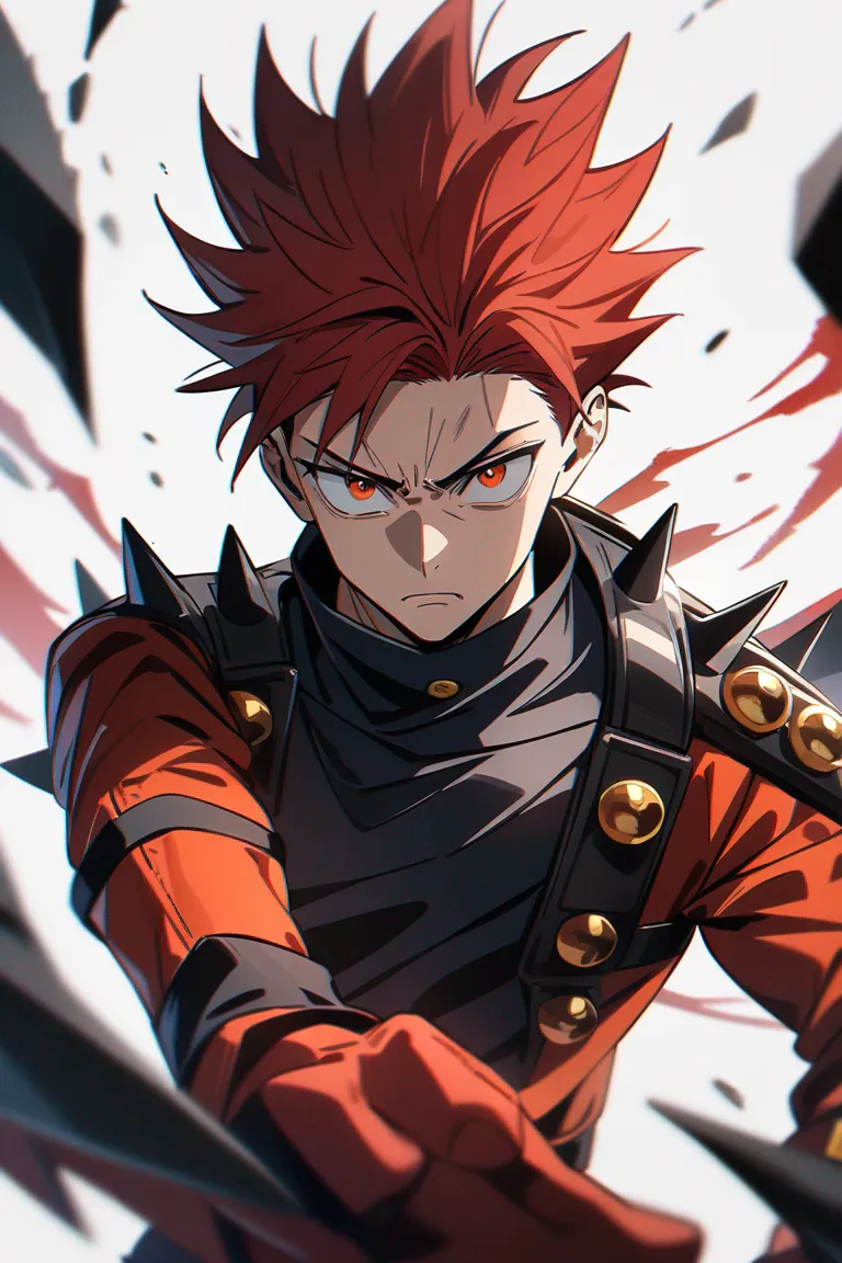 Appearance: 1boy, spiky red hair, amber eyes, serious expression, Jujutsu Kaisen battle gear, weapon mastery, intense pose, single character, upper body, looking at viewer, anime style, simple background, white background