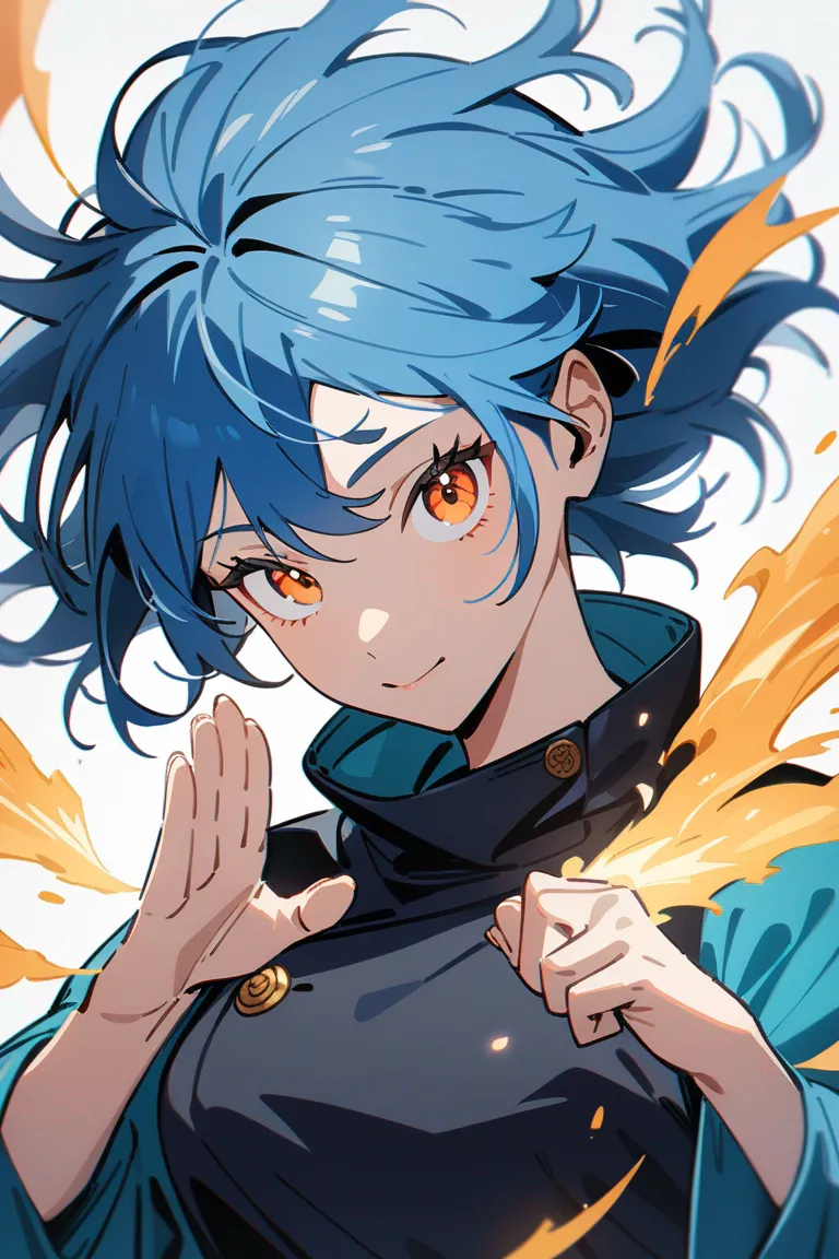 Appearance: 1girl, vibrant blue hair, orange eyes, cheerful spirit, Jujutsu Kaisen style outfit, healing powers, uplifting pose, single character, upper body, looking at viewer, anime style, simple background, white background