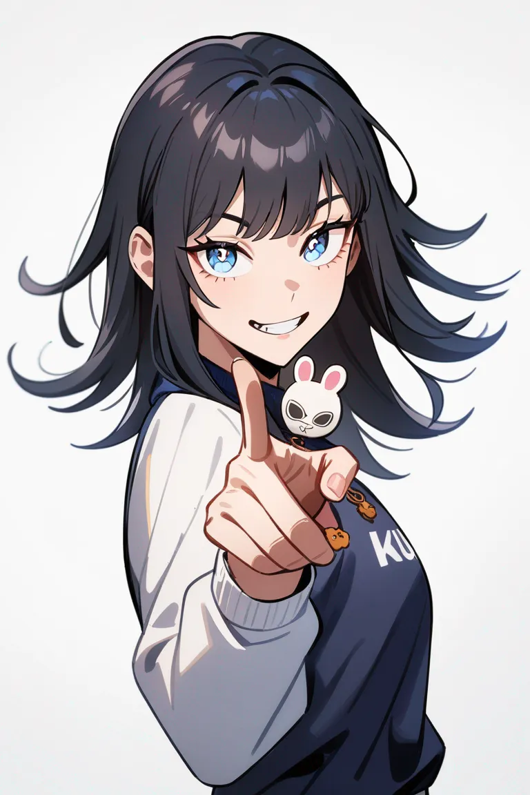 Appearance: 1boy, tousled dark blue hair, light blue eyes, mischievous smile, Jujutsu Kaisen streetwear, charm powers, playful pose, single character, upper body, looking at viewer, anime style, simple background, white background