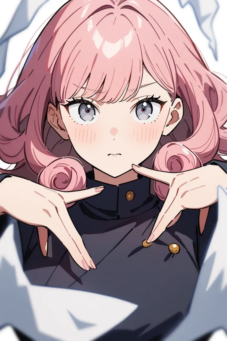 Appearance: 1girl, curly pink hair, gray eyes, shy demeanor, Jujutsu Kaisen summoner outfit, spirit summoning, bashful pose, single character, upper body, looking at viewer, anime style, simple background, white background