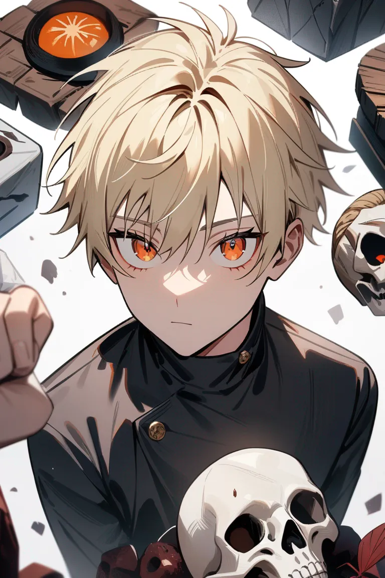 Appearance: 1boy, short blonde hair, amber eyes, thoughtful expression, Jujutsu Kaisen casual outfit, cursed objects, inquisitive pose, single character, upper body, looking at viewer, anime style, simple background, white background