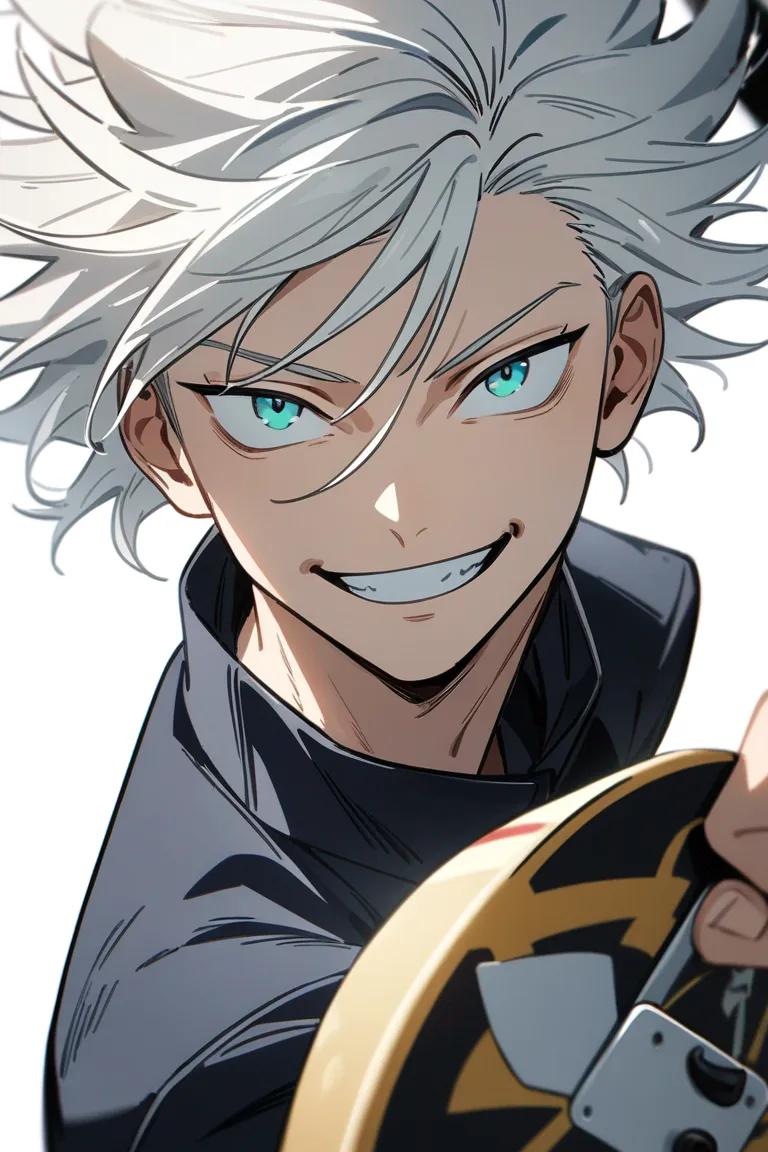Appearance: 1boy, messy white hair, teal eyes, playful grin, Jujutsu Kaisen student uniform, skateboard, confident stance, single character, upper body, looking at viewer, anime style, simple background, white background