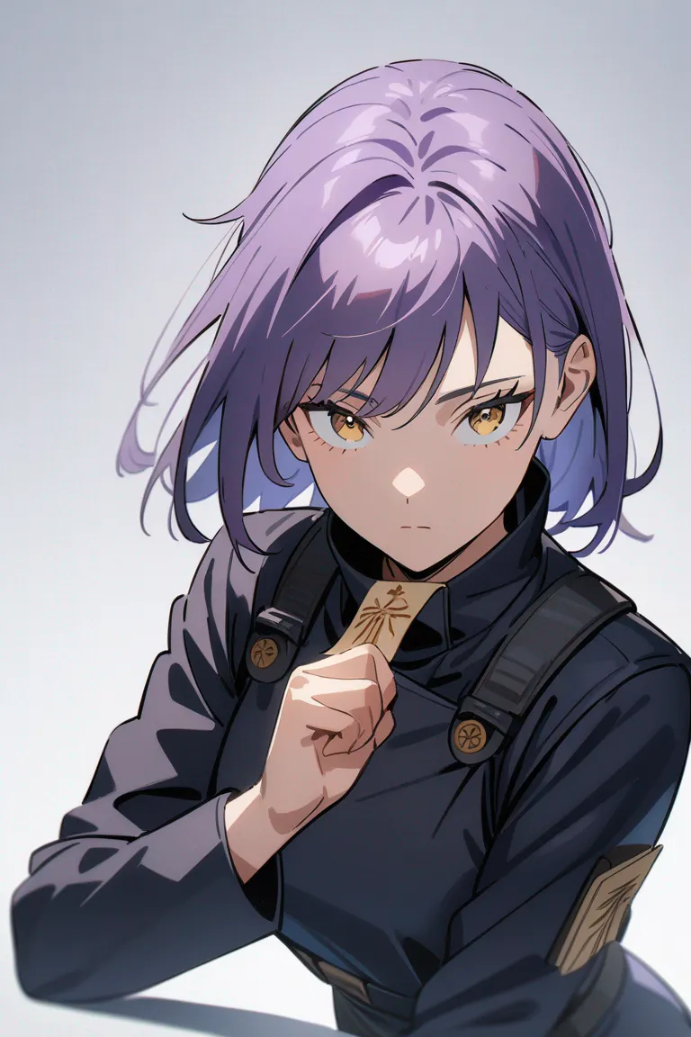 Appearance: 1girl, long purple hair, gold eyes, calm demeanor, Jujutsu Kaisen tactical outfit, talismans, meditative pose, single character, upper body, looking at viewer, anime style, simple background, white background
