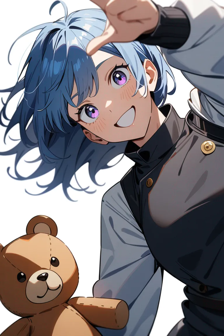 Appearance: 1girl, messy blue hair, violet eyes, cheerful expression, Jujutsu Kaisen combat attire, teddy bear plushie, playful pose, single character, upper body, looking at viewer, anime style, simple background, white background
