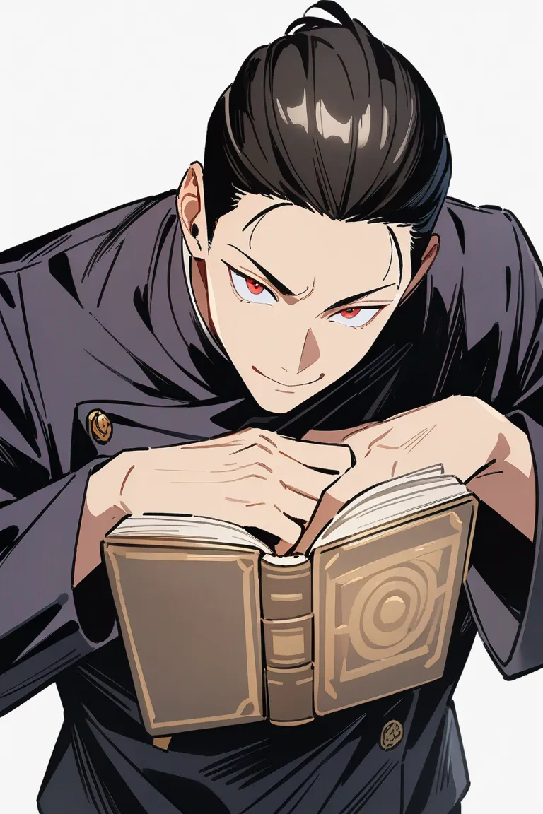 Appearance: 1boy, slicked-back black hair, red eyes, smug smile, Jujutsu Kaisen top student uniform, spellbook, confident gesture, single character, upper body, looking at viewer, anime style, simple background, white background