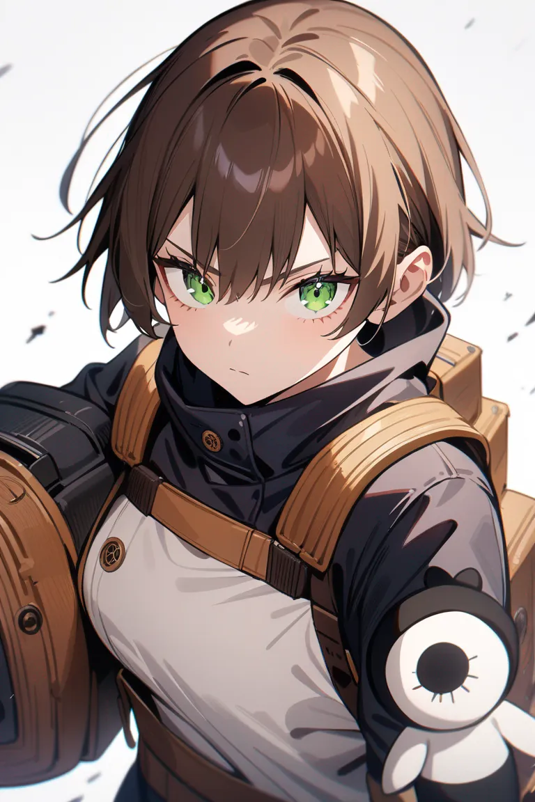Appearance: 1girl, medium length brown hair, green eyes, earnest look, Jujutsu Kaisen field gear, cursed doll, protective stance, single character, upper body, looking at viewer, anime style, simple background, white background