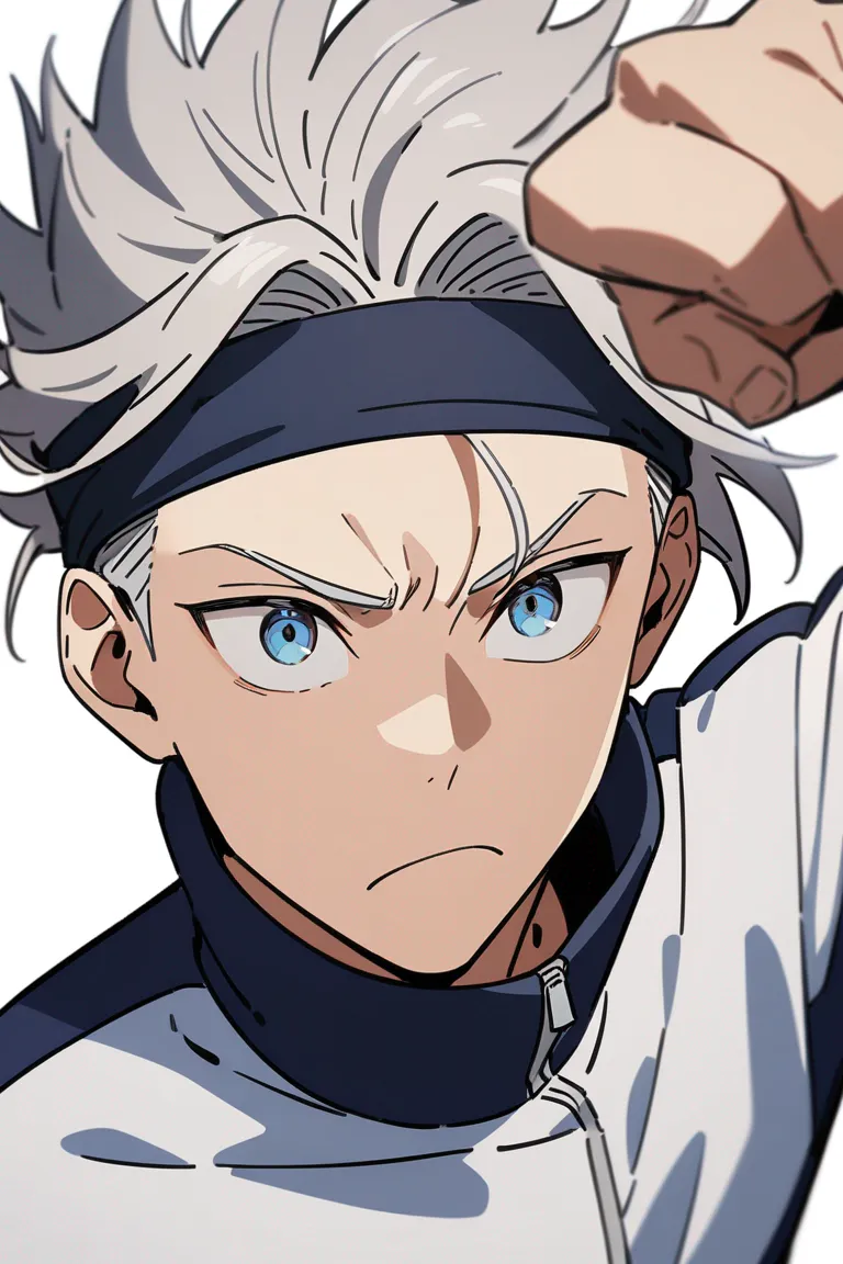 Appearance: 1boy, tousled silver hair, blue-grey eyes, determined frown, Jujutsu Kaisen track suit, headband, athletic pose, single character, upper body, looking at viewer, anime style, simple background, white background