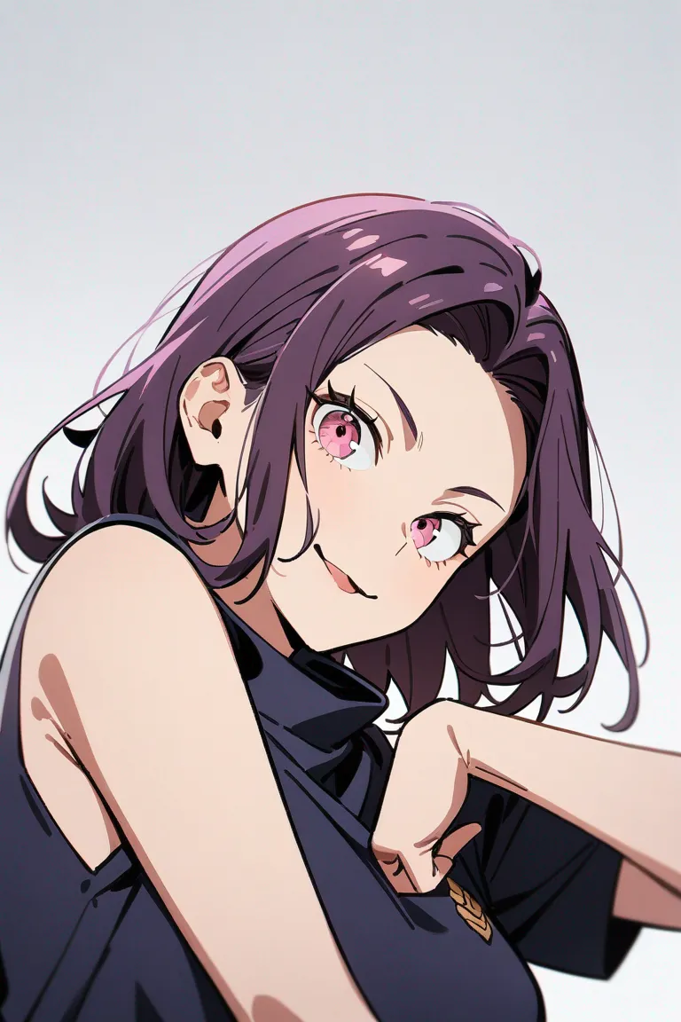 Appearance: 1girl, wavy dark purple hair, pink eyes, playful wink, Jujutsu Kaisen team uniform, snacks, casual pose, single character, upper body, looking at viewer, anime style, simple background, white background