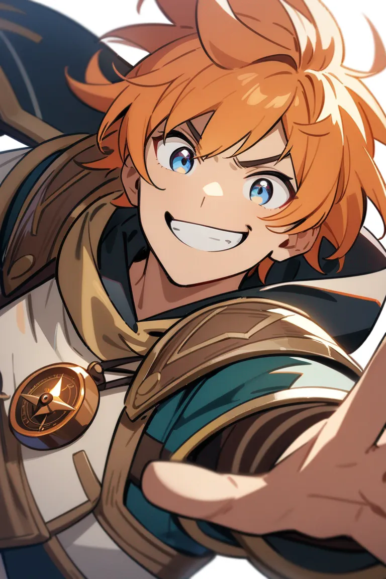 Appearance: 1boy, bright orange hair, navy eyes, enthusiastic grin, League of Legends explorer outfit, compass, adventurous pose, single character, upper body, looking at viewer, anime style, simple background, white background