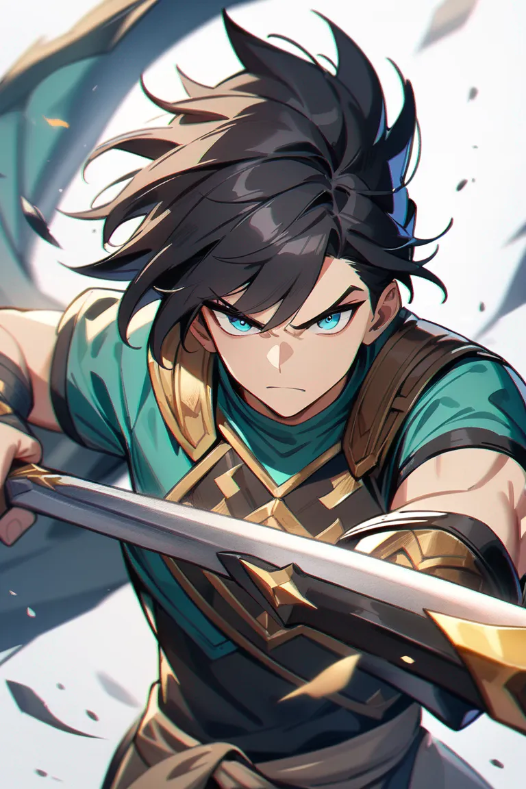 Appearance: 1boy, black hair, teal eyes, fierce look, League of Legends warrior clothing, sword, battle-ready pose, single character, upper body, looking at viewer, anime style, simple background, white background