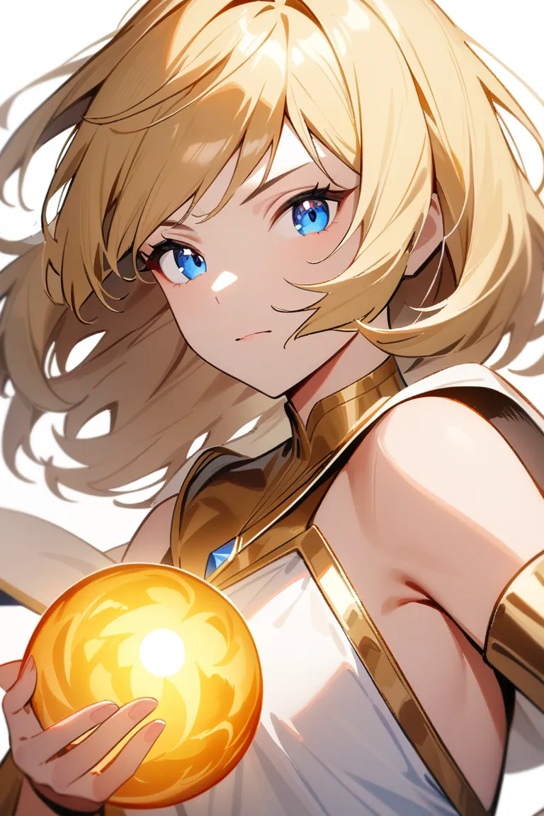 Appearance: 1girl, gold hair, blue eyes, radiant expression, League of Legends priestess outfit, glowing orb, serene stance, single character, upper body, looking at viewer, anime style, simple background, white background