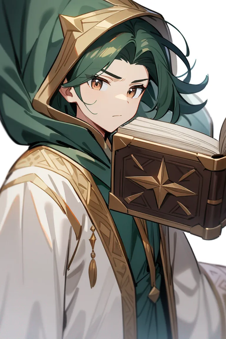 Appearance: 1boy, dark green hair, brown eyes, wise expression, League of Legends mage robes, ancient tome, calm demeanor, single character, upper body, looking at viewer, anime style, simple background, white background