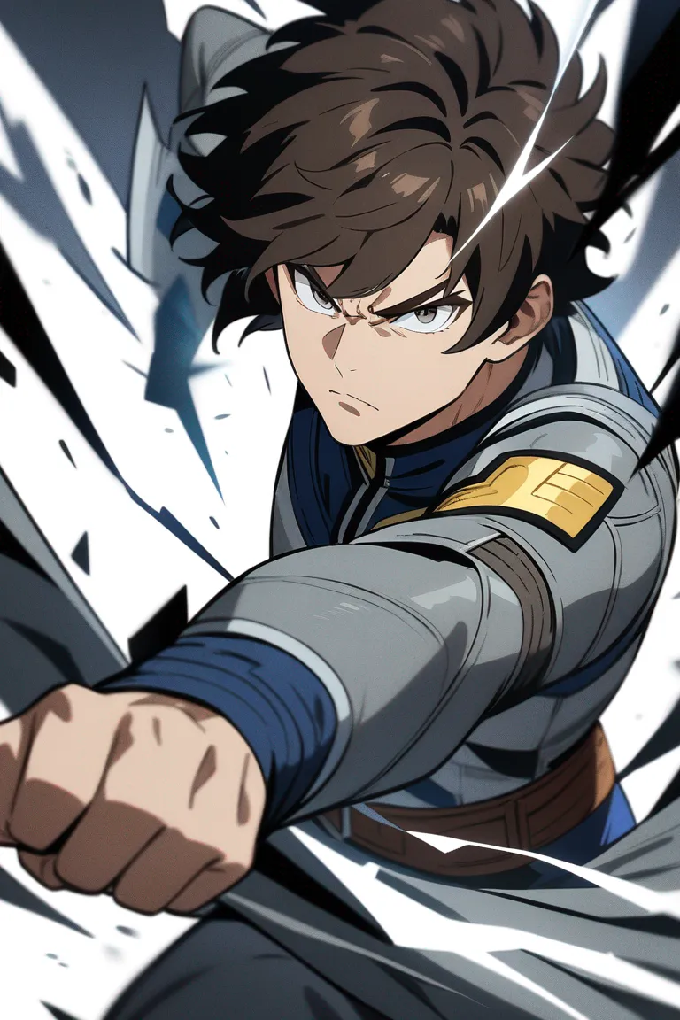 Appearance: 1boy, dark brown hair, stormy gray eyes, intense stare, Marvel style hero attire, lightning powers, dramatic stance, single character, upper body, looking at viewer, anime style, simple background, white background