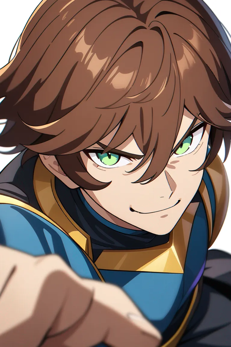 Appearance: 1boy, brown hair, green eyes, confident smirk, Marvel style mutant outfit, telekinetic abilities, heroic stance, single character, upper body, looking at viewer, anime style, simple background, white background
