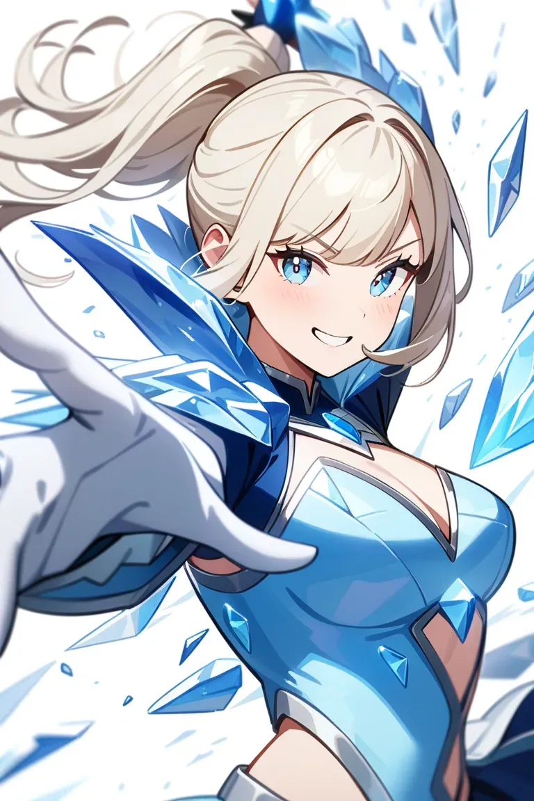 Appearance: 1girl, platinum blonde hair, icy blue eyes, playful smile, Marvel style ice-themed outfit, ice powers, dynamic pose with ice shards, single character, upper body, looking at viewer, anime style, simple background, white background