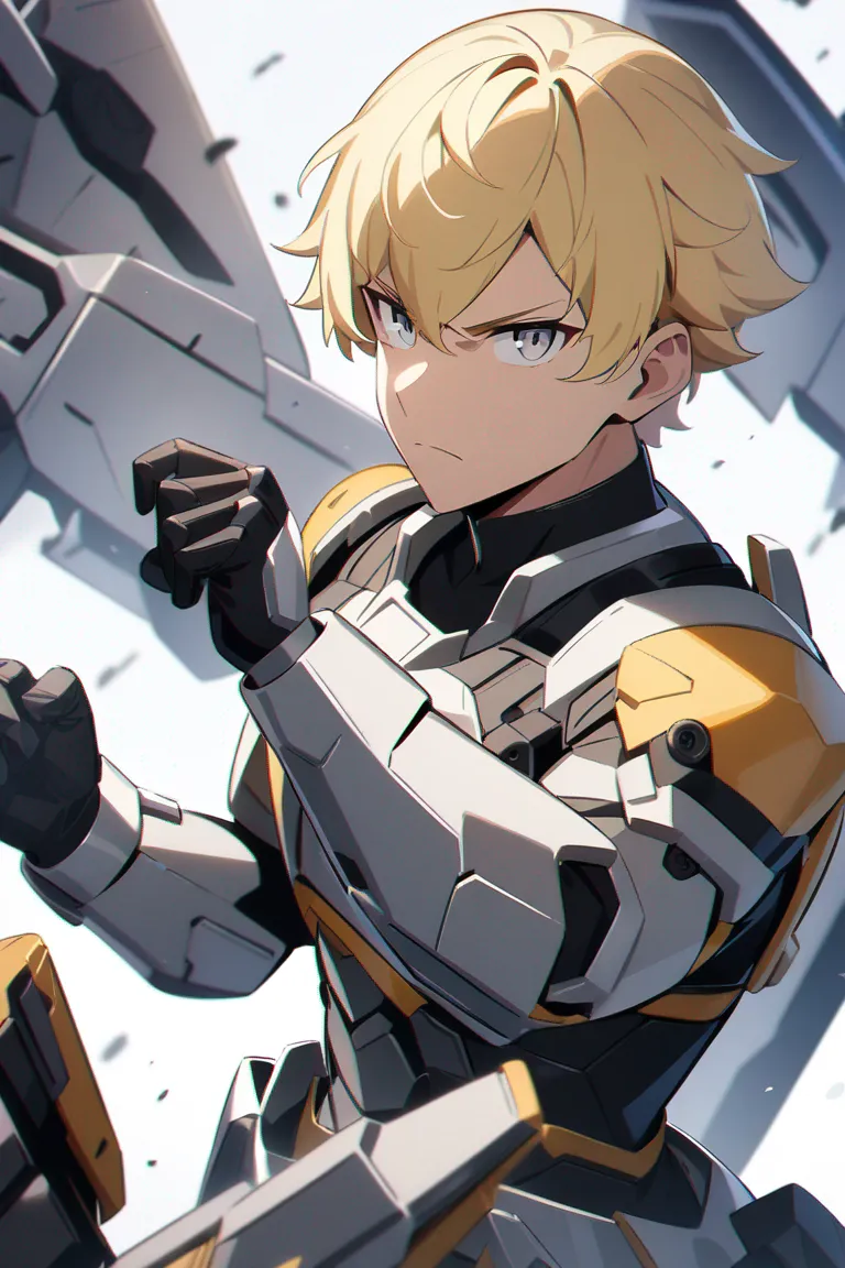 Appearance: 1boy, blond hair, gray eyes, determined look, Marvel style armored suit, technological weaponry, battle-ready pose, single character, upper body, looking at viewer, anime style, simple background, white background