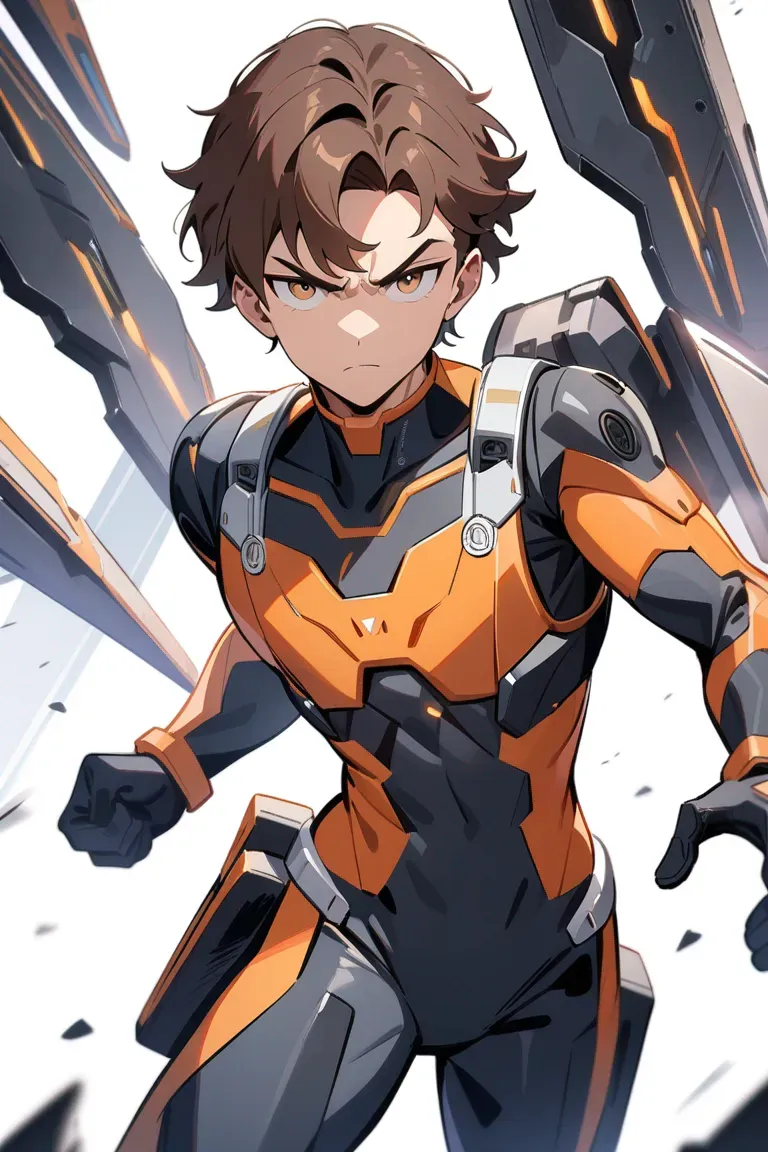 Appearance: 1boy, brown hair, hazel eyes, serious expression, Marvel style tech suit, futuristic gadgets, confident stance, single character, upper body, looking at viewer, anime style, simple background, white background