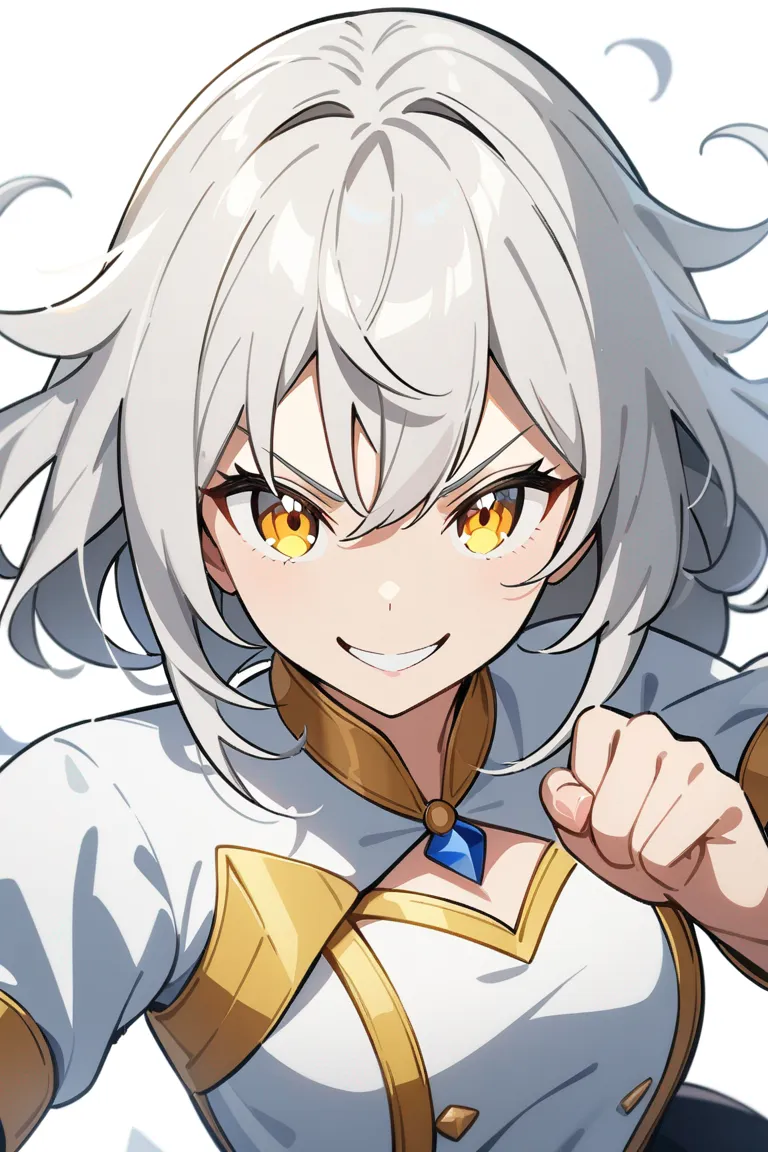 Appearance: 1girl, silver hair, golden eyes, playful smile, Marvel style magical outfit, mystical abilities, energetic pose, single character, upper body, looking at viewer, anime style, simple background, white background