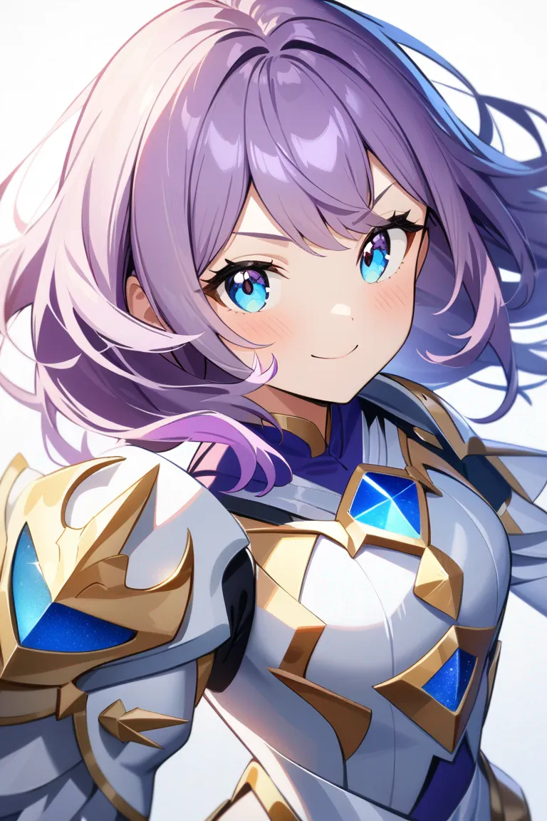 Appearance: 1girl, purple hair, bright blue eyes, charming smile, Marvel style enchanted armor, shield, heroic pose, single character, upper body, looking at viewer, anime style, simple background, white background