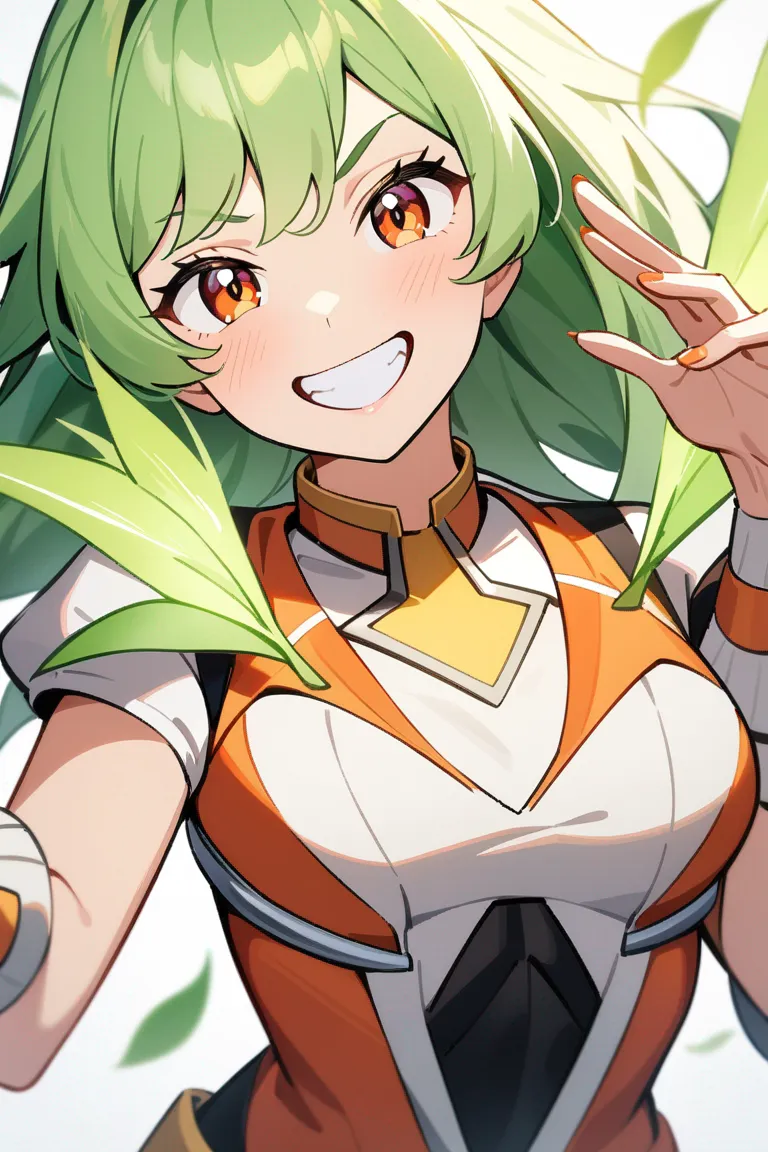 Appearance: 1girl, green hair, amber eyes, whimsical grin, Marvel style mutant outfit, plant powers, vibrant pose, single character, upper body, looking at viewer, anime style, simple background, white background