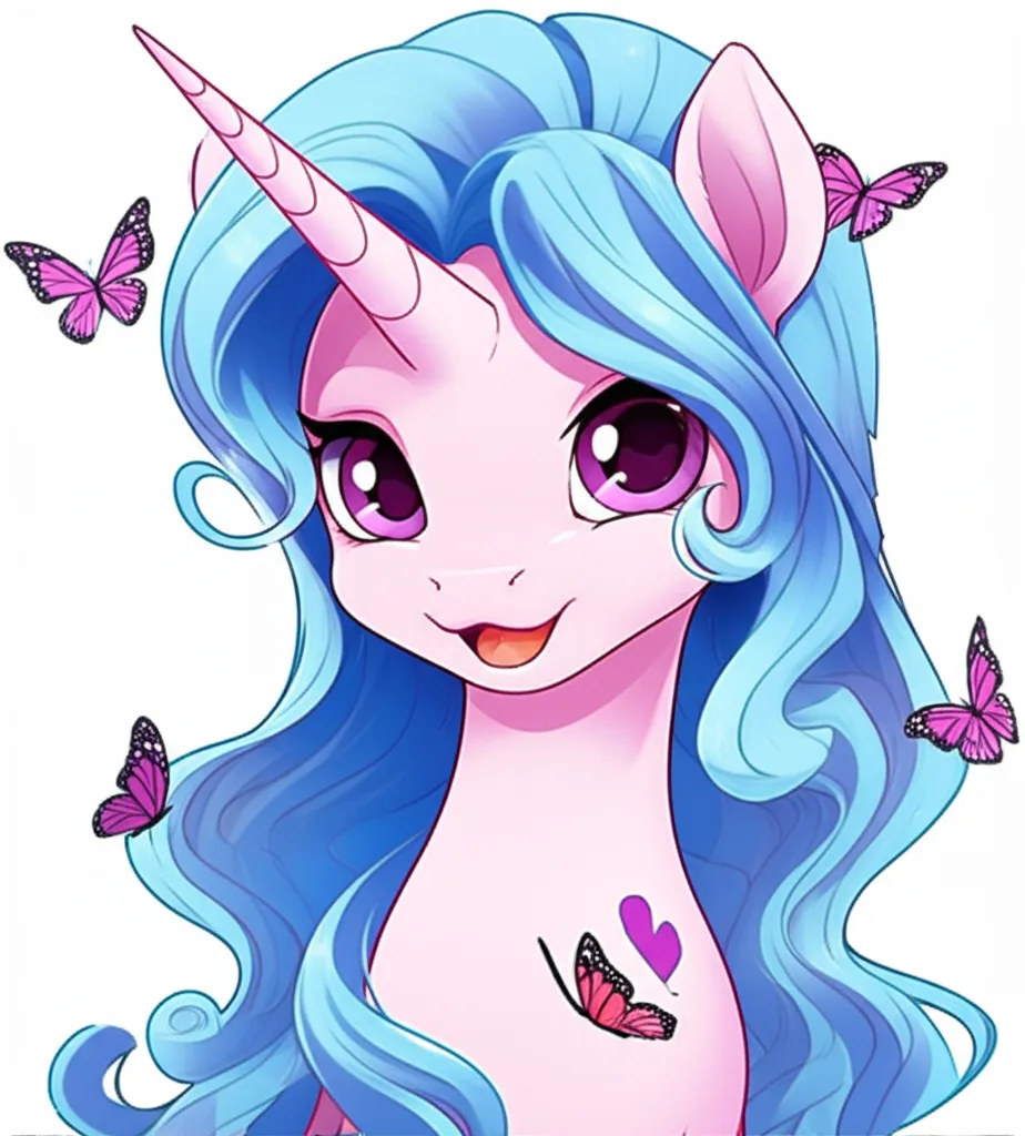 Appearance: pony, unicorn, light pink body, soft blue mane, flowing hair, lilac eyes, heart cutie mark, My Little Pony, loving expression, surrounded by butterflies, single character, upper body, looking at viewer, anime style, simple background, white background
