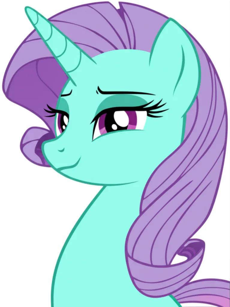 Appearance: pony, unicorn, teal body, lavender mane, wavy hair, purple eyes, starry night cutie mark, My Little Pony, dreamy expression, single character, upper body, looking at viewer, anime style, simple background, white background