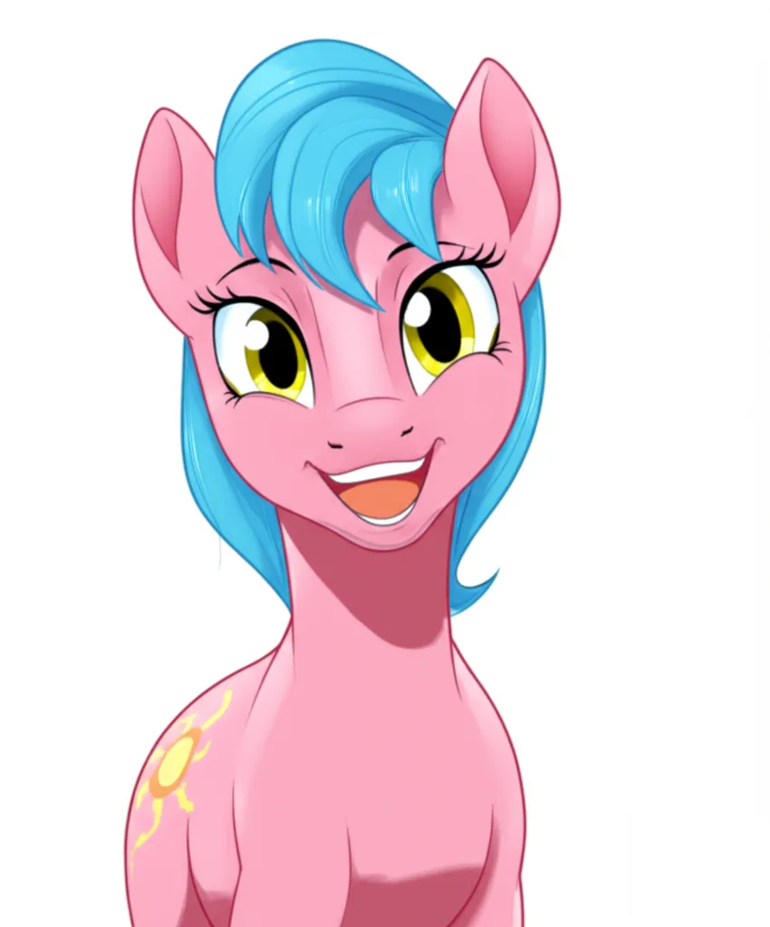 Appearance: pony, pegasus, pink body, sky blue mane, short mane, yellow eyes, sun cutie mark, My Little Pony, cheerful smile, single character, upper body, looking at viewer, anime style, simple background, white background