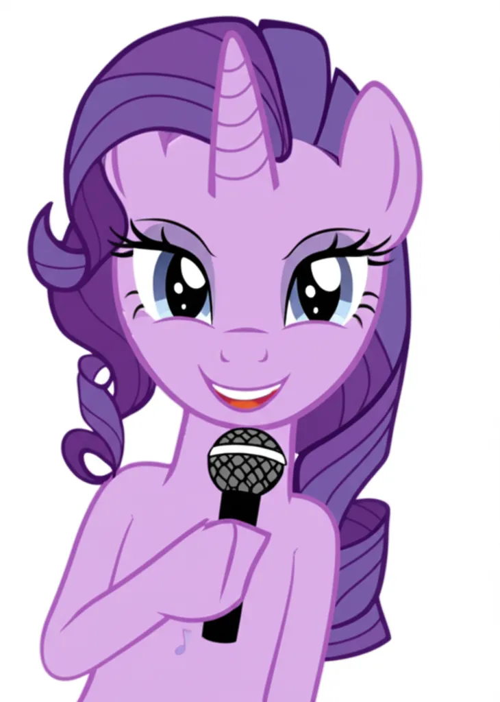 Appearance: pony, unicorn, purple body, silver mane, curly hair, blue eyes, music note cutie mark, My Little Pony, confident pose, holding a microphone, single character, upper body, looking at viewer, anime style, simple background, white background