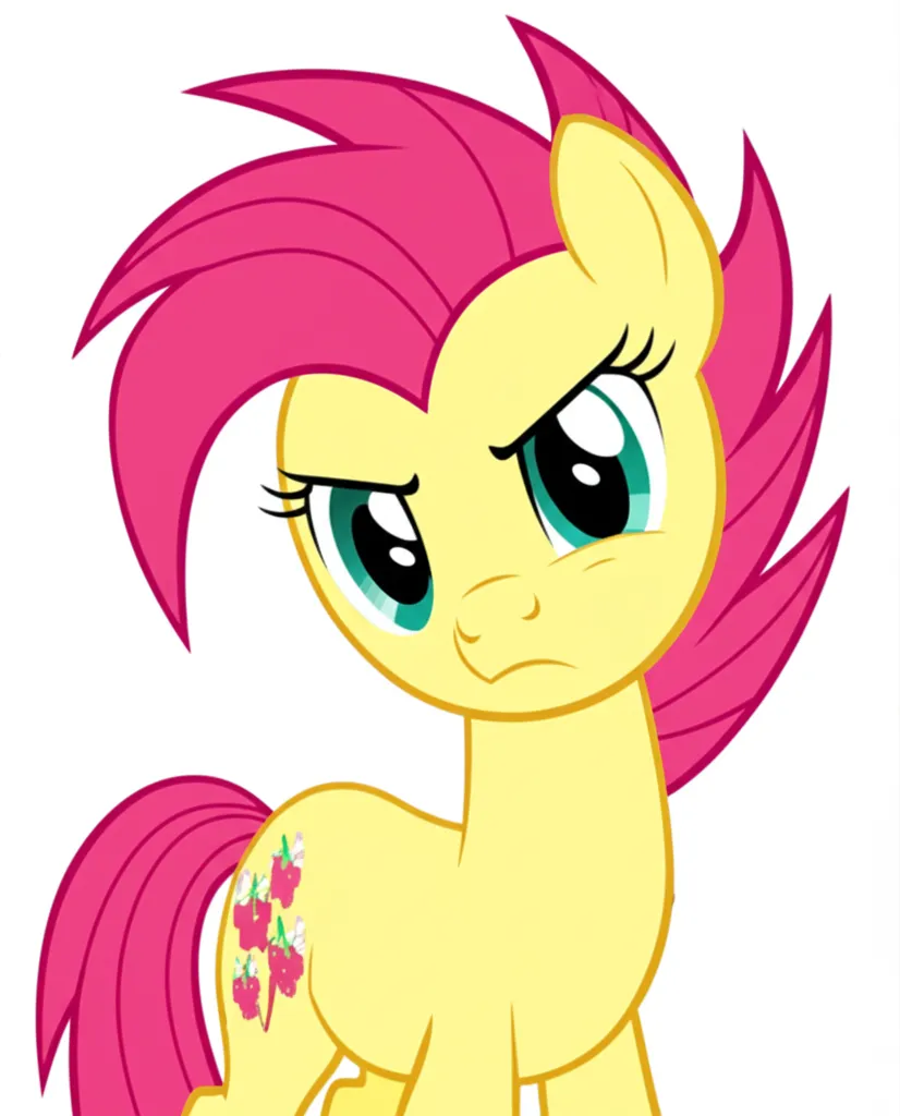 Appearance: pony, earth pony, yellow body, red mane, spiky hair, turquoise eyes, flower basket cutie mark, My Little Pony, determined expression, single character, upper body, looking at viewer, anime style, simple background, white background