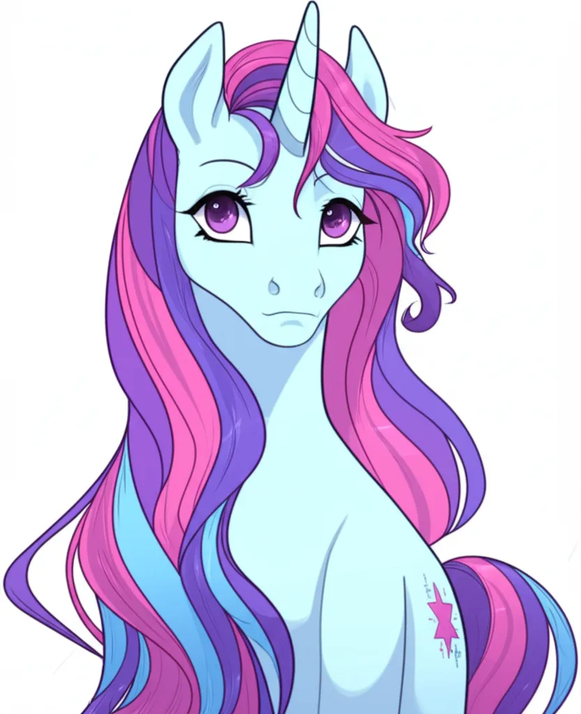 Appearance: pony, unicorn, light blue body, pink and purple mane, star-shaped cutie mark, My Little Pony, dreamy expression, single character, upper body, looking at viewer, anime style, simple background, white background