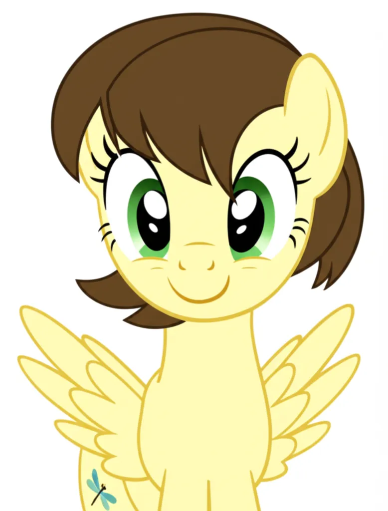 Appearance: pony, pegasus, cream body, brown mane, short and fluffy hair, green eyes, dragonfly cutie mark, My Little Pony, curious look, hovering in the air, single character, upper body, looking at viewer, anime style, simple background, white background