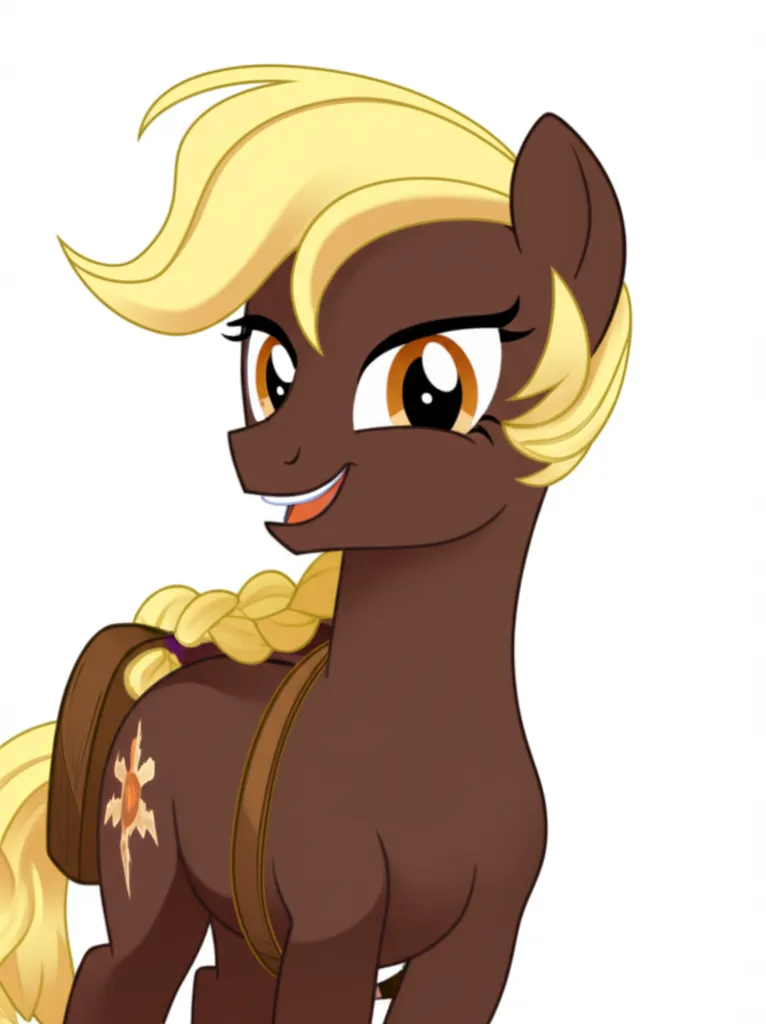 Appearance: pony, earth pony, dark brown body, golden mane, braided hair, hazel eyes, mountain cutie mark, My Little Pony, adventurous smile, carrying a backpack, single character, upper body, looking at viewer, anime style, simple background, white background