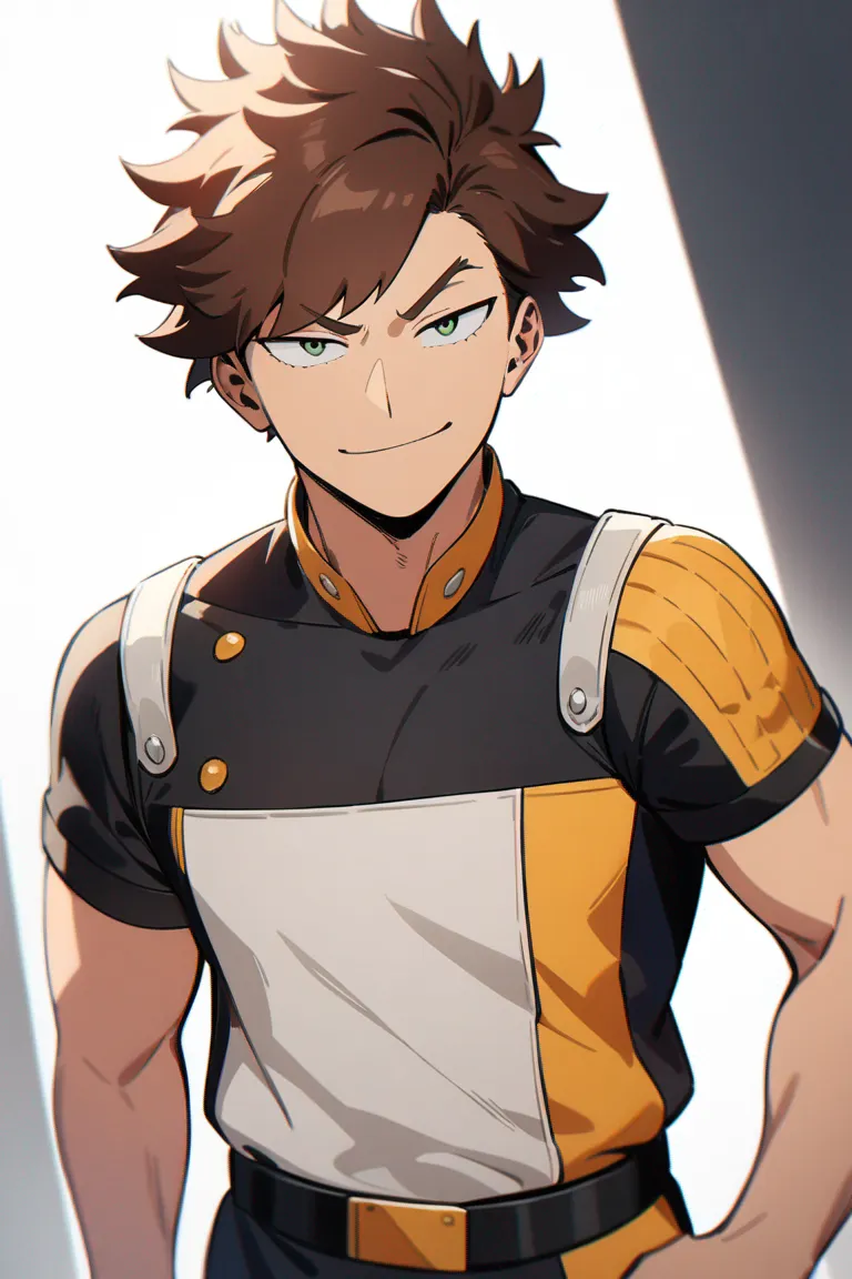 Appearance: 1boy, brown hair, green eyes, confident smirk, My Hero Academia hero outfit, quirk: shadow_control, relaxed pose, single character, upper body, looking at viewer, anime style, simple background, white background