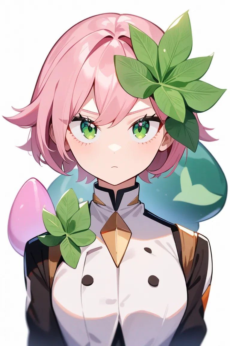 Appearance: 1girl, pink hair, green eyes, outgoing personality, My Hero Academia style uniform, quirk: plant_growth, confident pose, single character, upper body, looking at viewer, anime style, simple background, white background