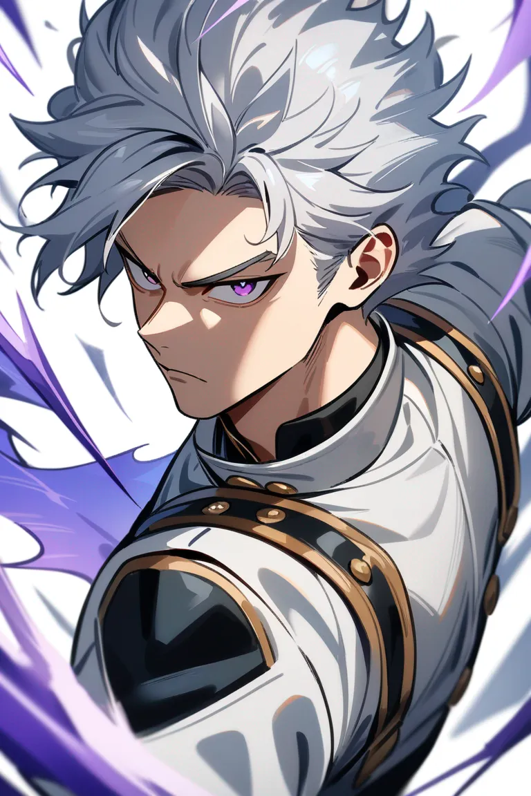 Appearance: 1boy, silver hair, purple eyes, stoic demeanor, My Hero Academia outfit, quirk: ice_manipulation, serious pose, single character, upper body, looking at viewer, anime style, simple background, white background