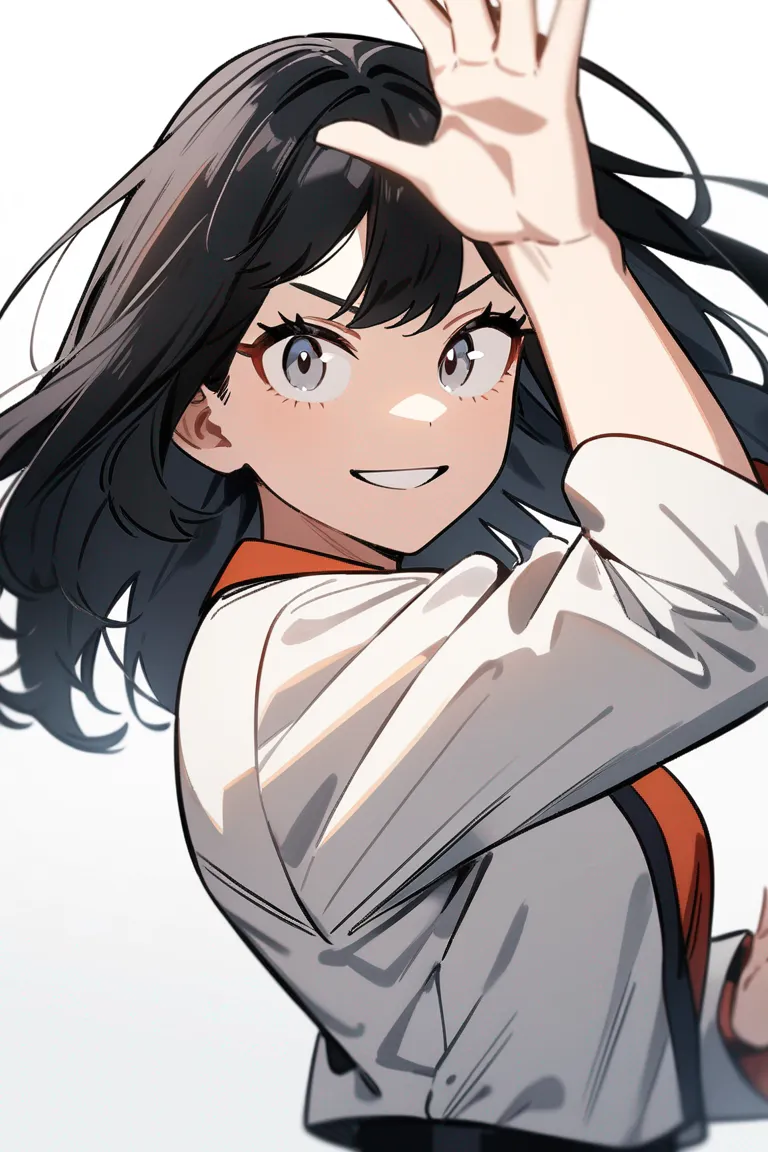 Appearance: 1girl, black hair, gray eyes, cheerful smile, My Hero Academia student uniform, quirk: speed, energetic pose, single character, upper body, looking at viewer, anime style, simple background, white background
